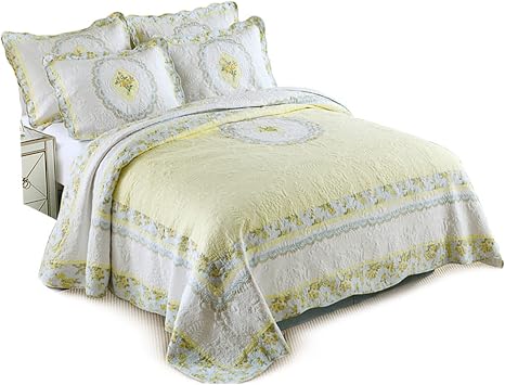 3-Piece Quilted Bedspread Coverlet Set with 2 Pillow Shams, Embroidered Patchwork Floral Quilt Sets for All Season,King 94x106/240x270cm