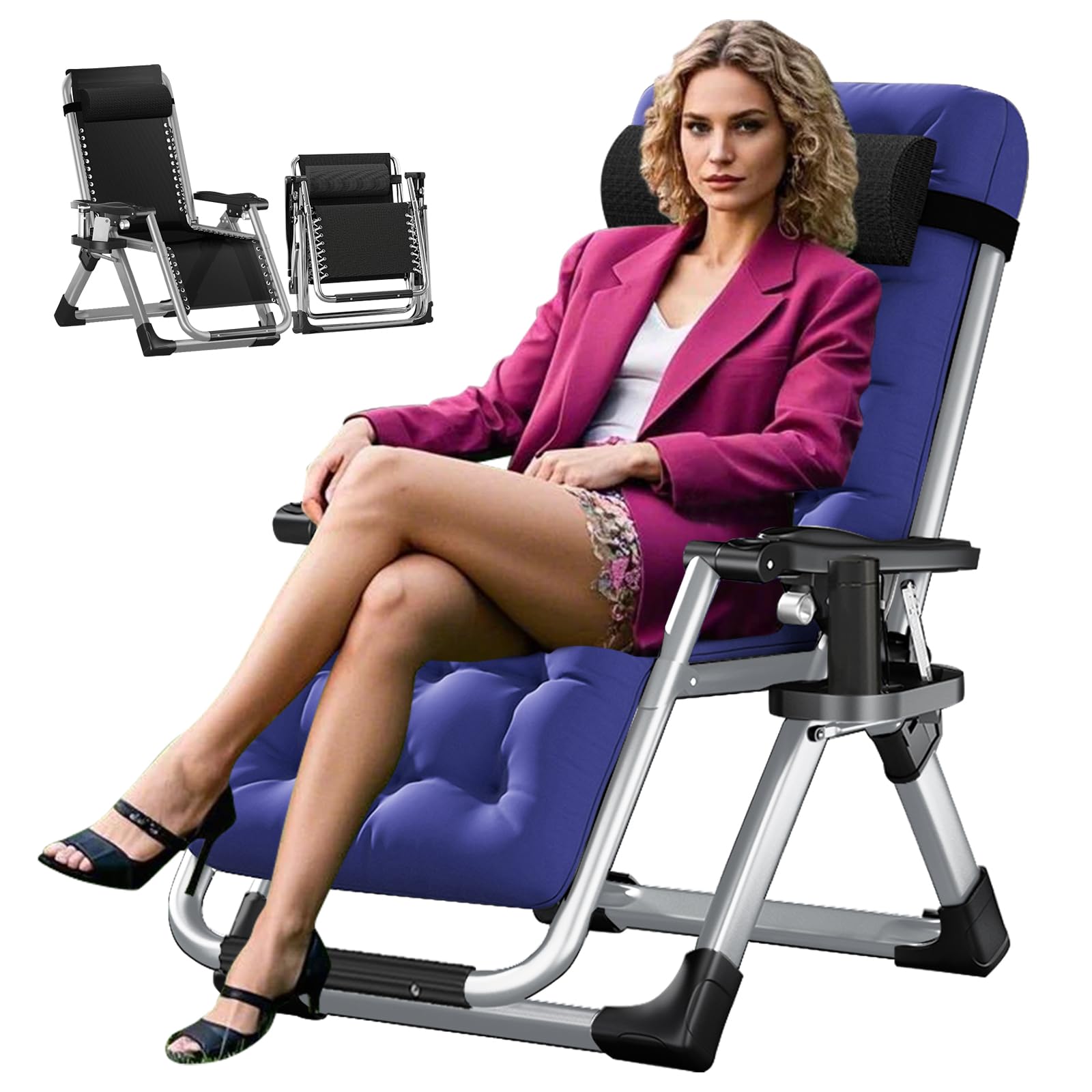 Obqer Folding Zero Gravity Chair, 200KG Heavy Duty Sun Lounger, Adjustable Garden Recliner with Cushion and Side Holder, Extra Wide, Sun Loungers for Garden Terrace Patios (Dark Blue)