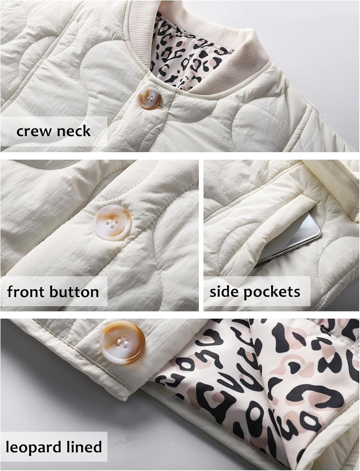 PEHMEA Women's Quilted Lightweight Jackets, Button Down Casual Coat Leopard Lining Bomber Outerwear with Pockets