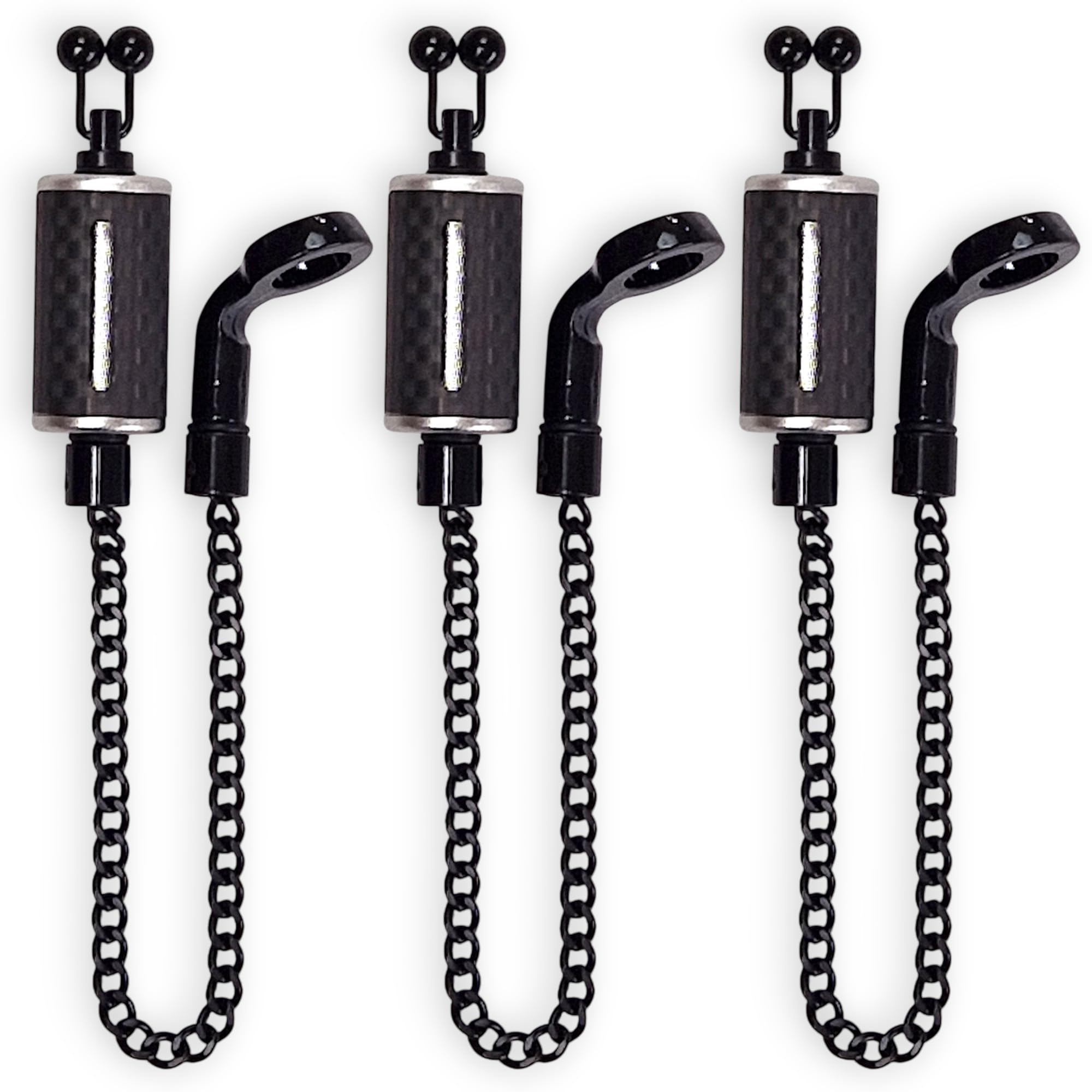 TJR Tackle 3 Silver Ultimate Carbon Fibre Bite Indicators bobbins with 14cm Chain, Black stainless steel ball line clips (Silver)