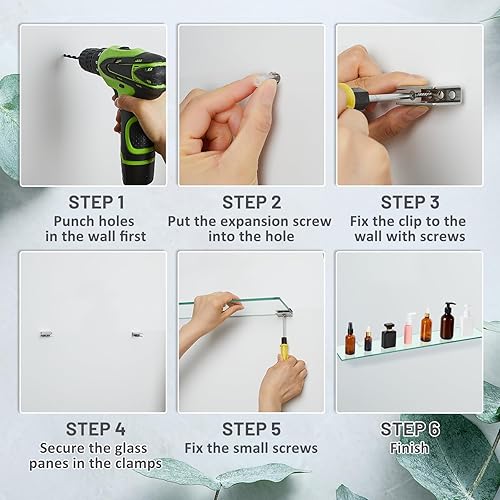 Miniatura 6 de Tatuo Estante de baño de 2 piezas de vidrio templado para baño, acero inoxidable 304, estantes de vidrio flotante (23.6 pulgadas)