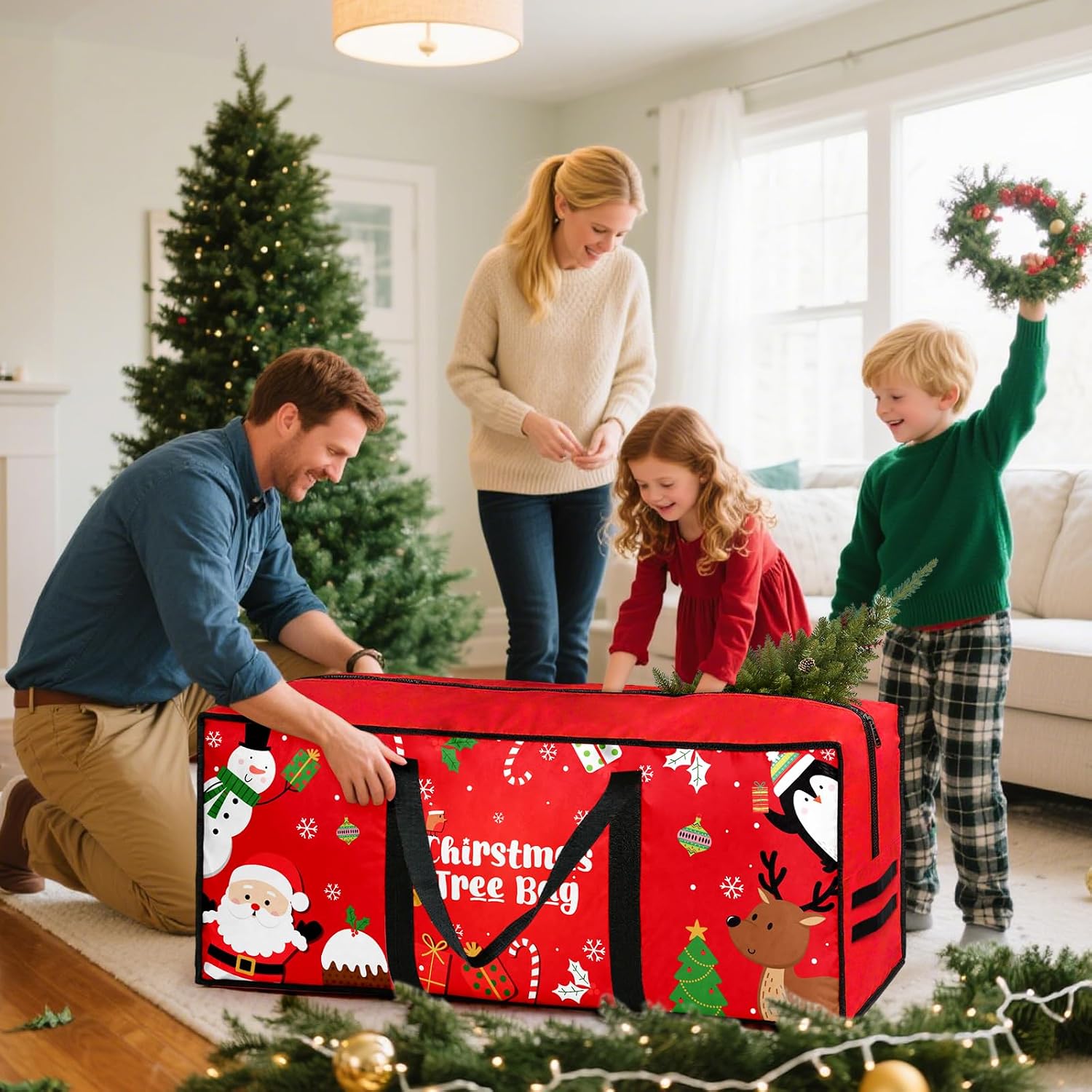 Christmas Tree Storage Bag, Fits Up 7.5 Ft Christmas Tree Durable 600D Oxford Holiday Storage Container with Wide Opening Dual Zippers (Snowman Penguin)