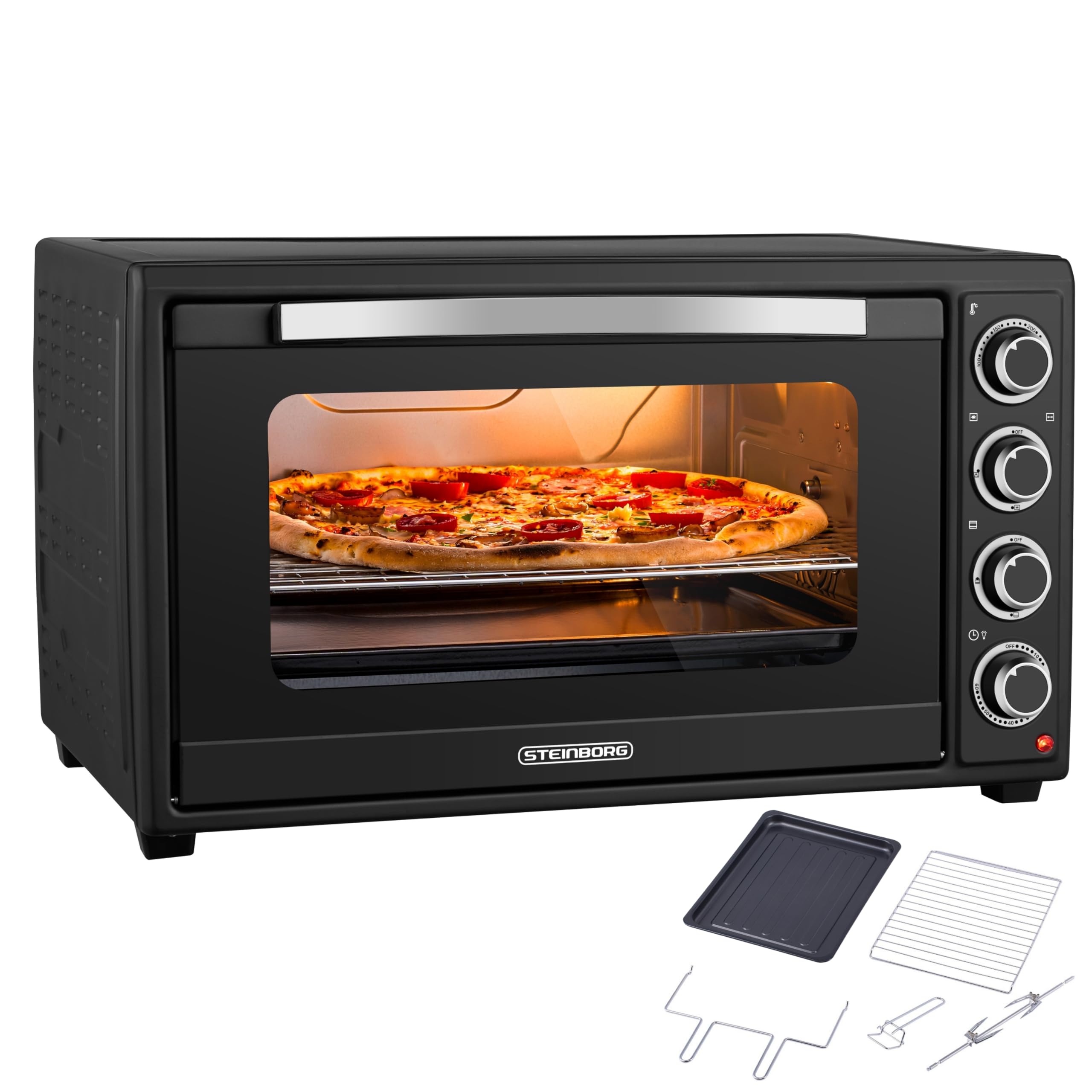Steinborg® Mini Backofen 60 Liter mit Umluft & Drehspieß, 2000W Tischbackofen groß XXL, 100–230°C, 60 Min Timer, Ober-/Unterhitze & Konvektion, Pizzaofen 3-in-1 inkl. Zubehör