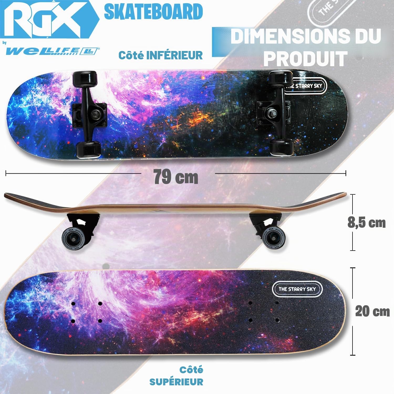 WeLLIFE - Skateboard RGX 79 x 20 cm en 9 couches d'érable, design concave de roue PU 54 x 36 mm, super lisse pour enfants, jeunes adultes, roulement ABEC-7RS