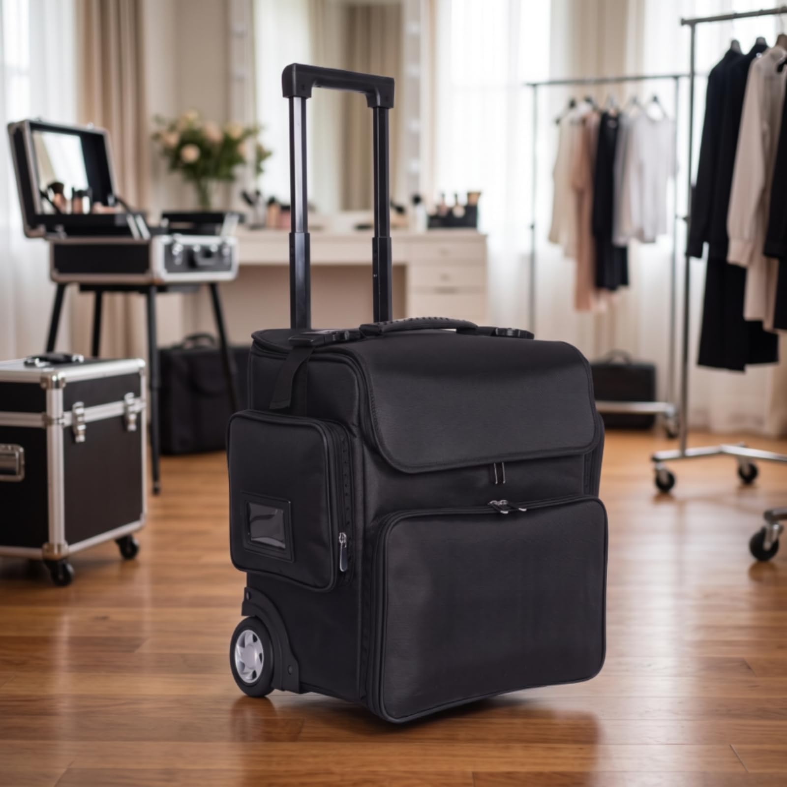 Harilla Professioneller Schminker Roller Trolley Kosmetiker Visagistener mit Stabilem Zuggriff Und Rollen aus Oxford Gewebe mit Hauptfach Und Trennwänden für Reise Messe Eventeinsatz