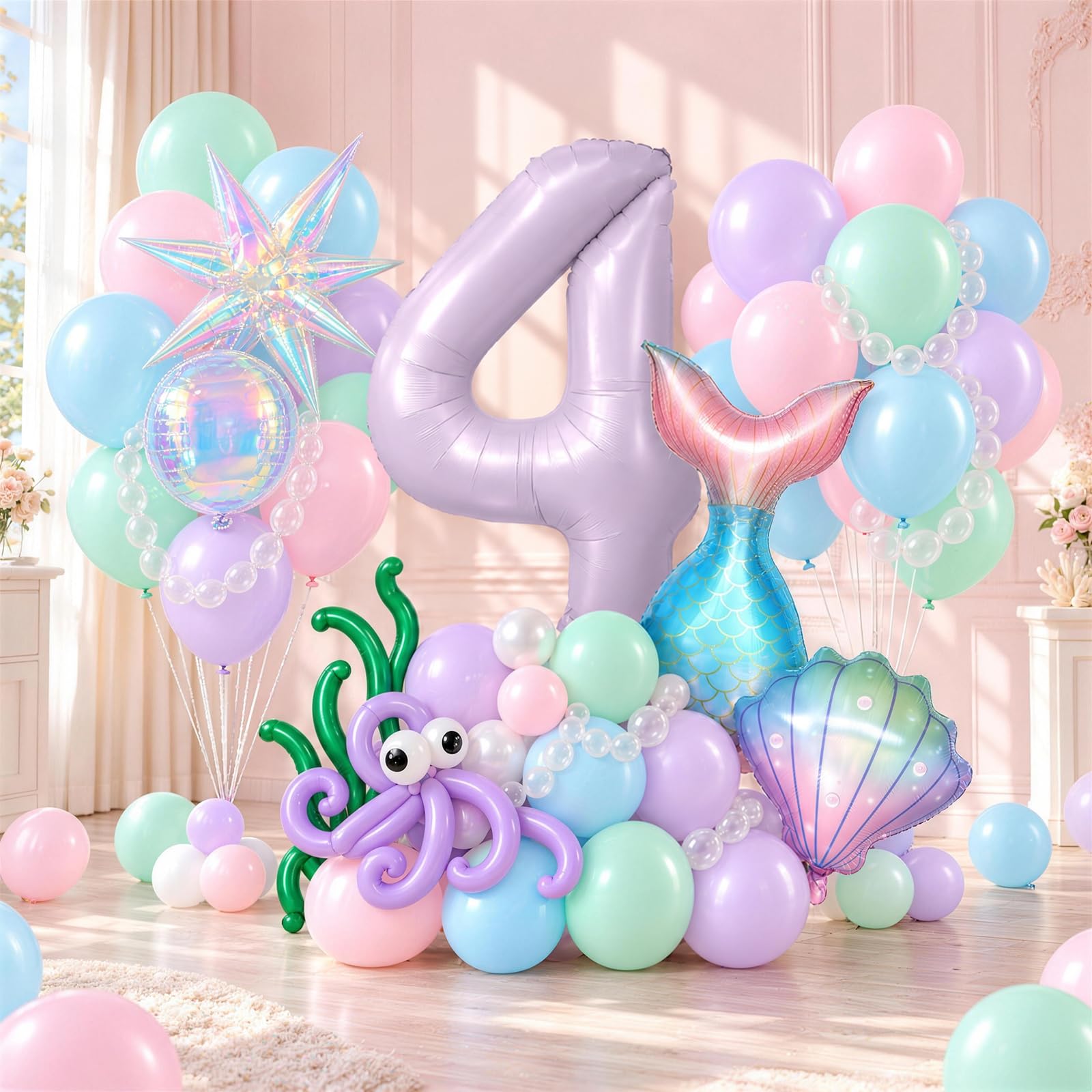 Mermaid 4th Birthday Decor Girls, Pink Purple Blue 40 In Number 4 Balloon