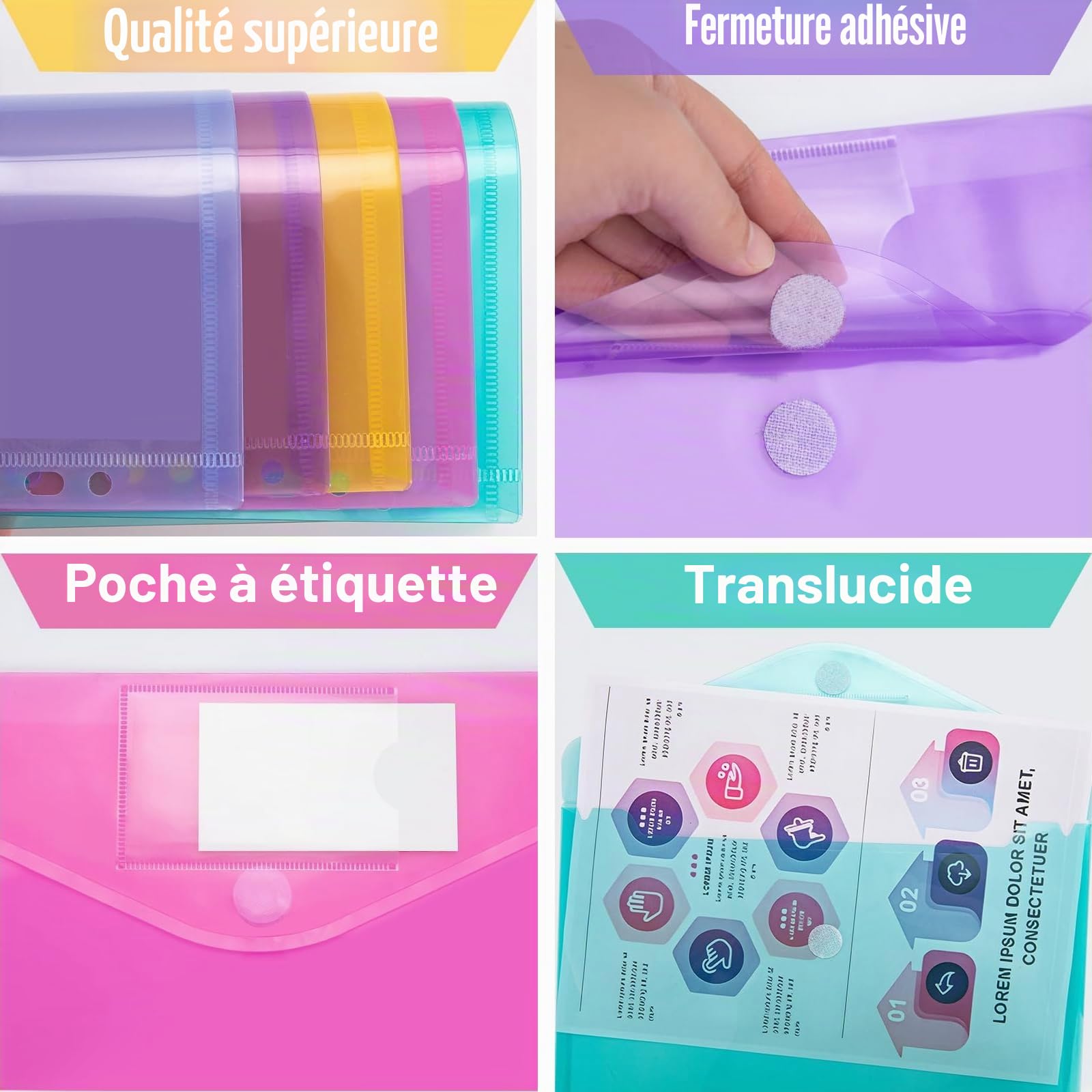 Pochette Porte-Documents A4 12PCS, Pochettes Plastiques Perforées A4 avec 11 Trous, Pochette Classeur 6 Couleurs Transparentes avec Poches, pour Étiquettes pour Organiser les Documents