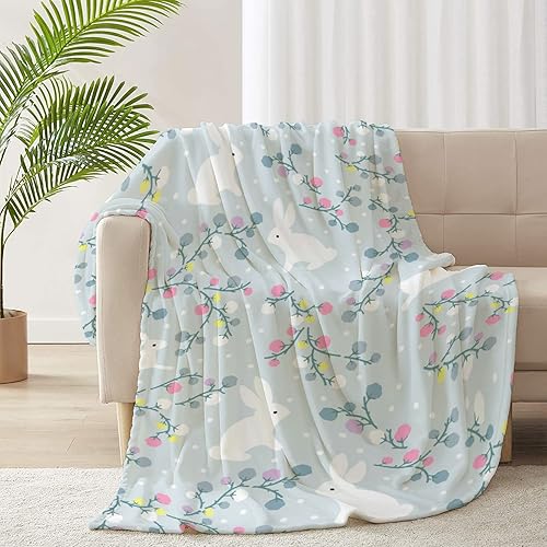 Miniatura 2 de Manta de invierno con diseño de conejo, bonita manta ligera de conejo y floral para mujeres y hombres, suave y acogedora manta de forro polar para