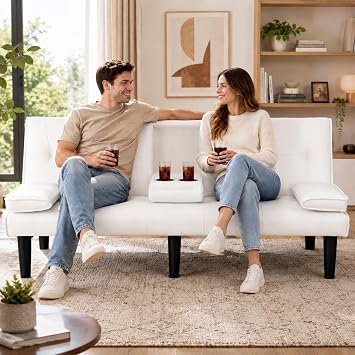 67Modern Futon Sofa Bed,Convertible 3 in 1 Sleeper Bed Couches with Adjustable Backrest,Cup Holders,Comfy PU Leather Recliner Sofa Loveseat with Chrome Legs for Small Home Living Room (Beige)