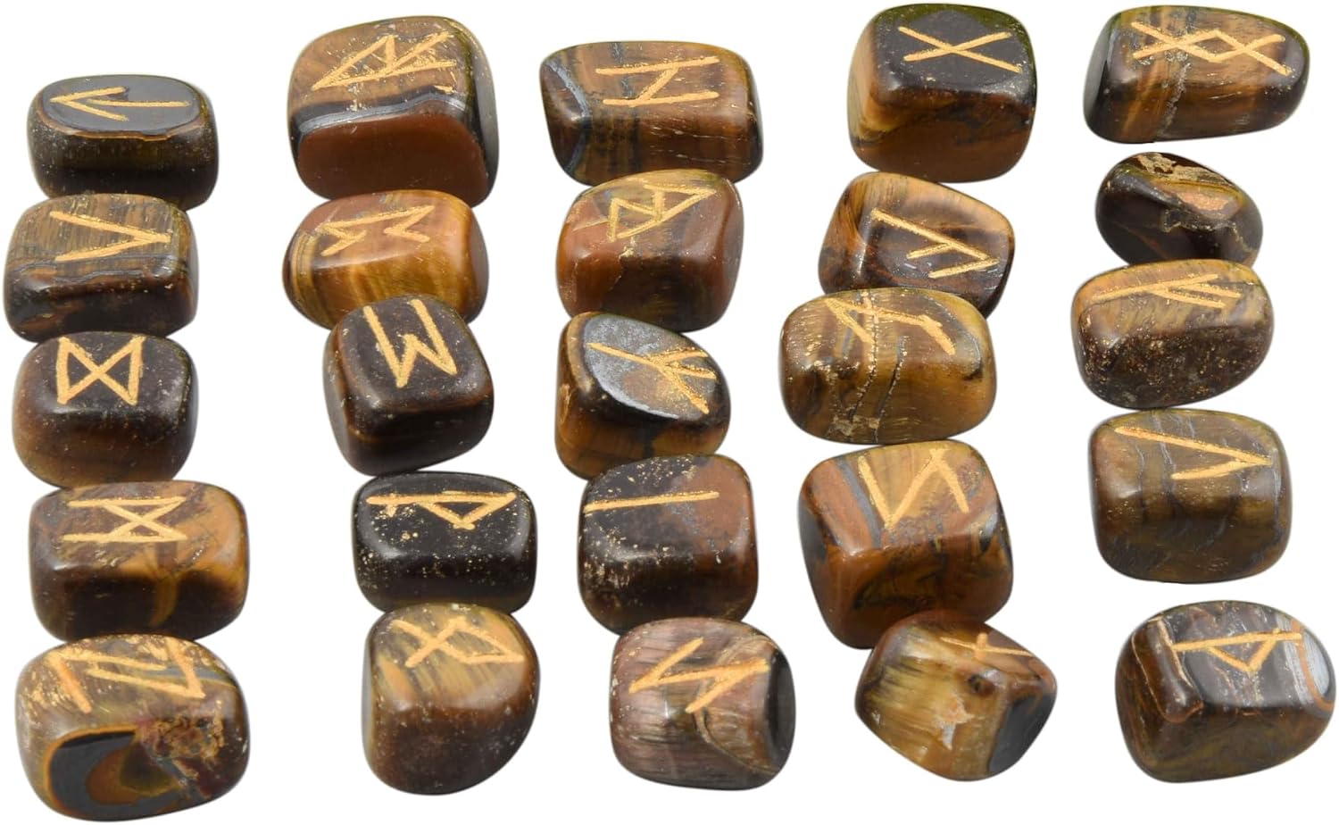 Blessfull Healing Tiger Eye Tumbled Gemstone with Carved Rune Words Telling, Crystal Healing Reiki Runes Stones Set (24 Pieces)