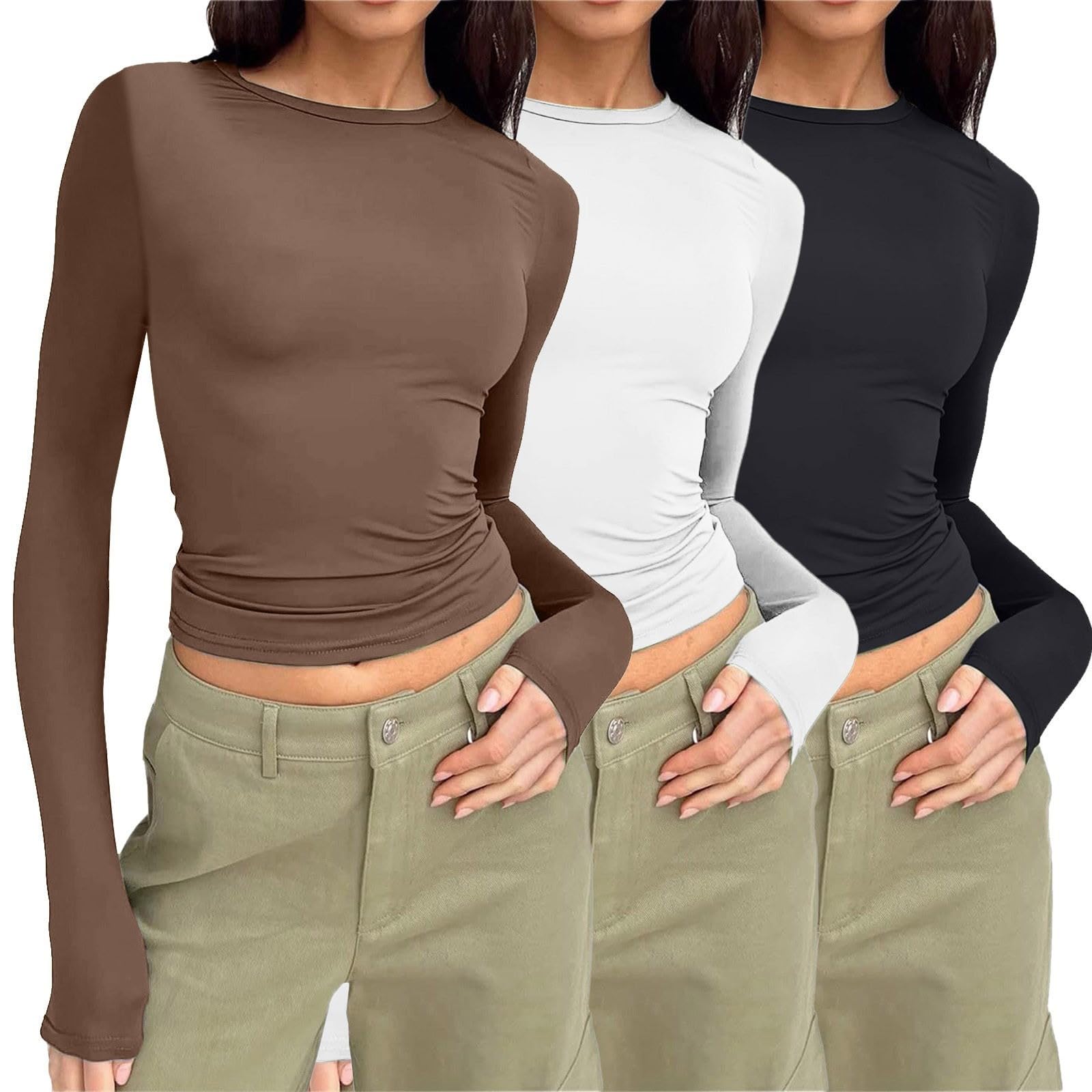 3er Pack T-Shirt Damen Rundhals Tshirt Eng Damen Basic Y2k Top Einfarbig Shirt Kurzarm/Langarm Slim Fit Tshirts