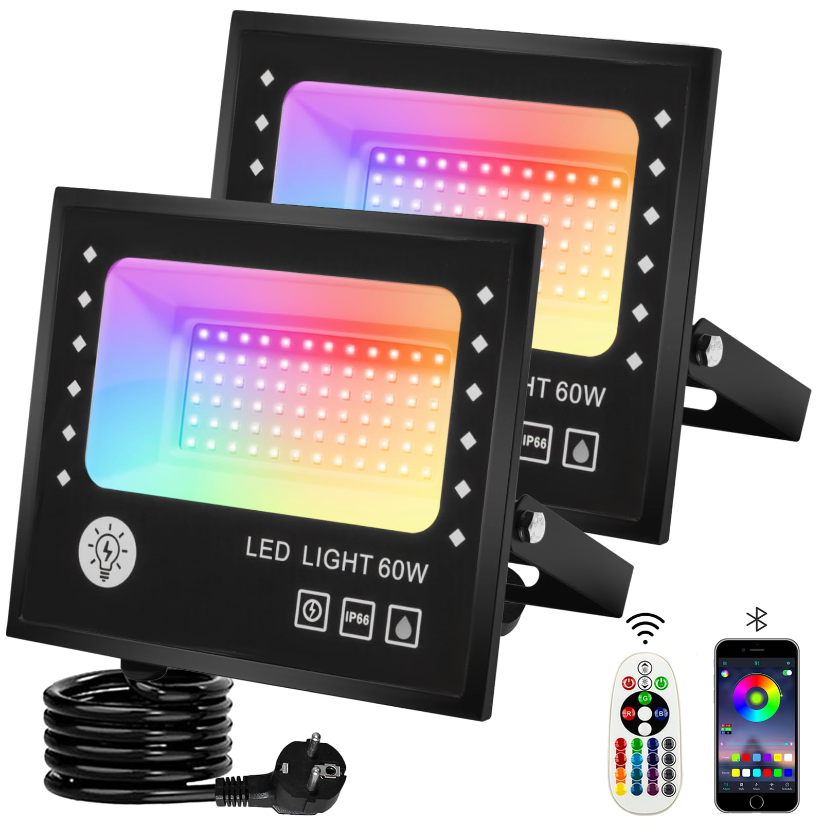 Faretto LED RGB da 60W, per Esterni, con Telecomando Bluetooth, 16 Milioni di Colori e Modalità Fai da te, Timing, Luce di Inondazione per Esterni, 6000lm,Impermeabile IP66,2 Pezzi
