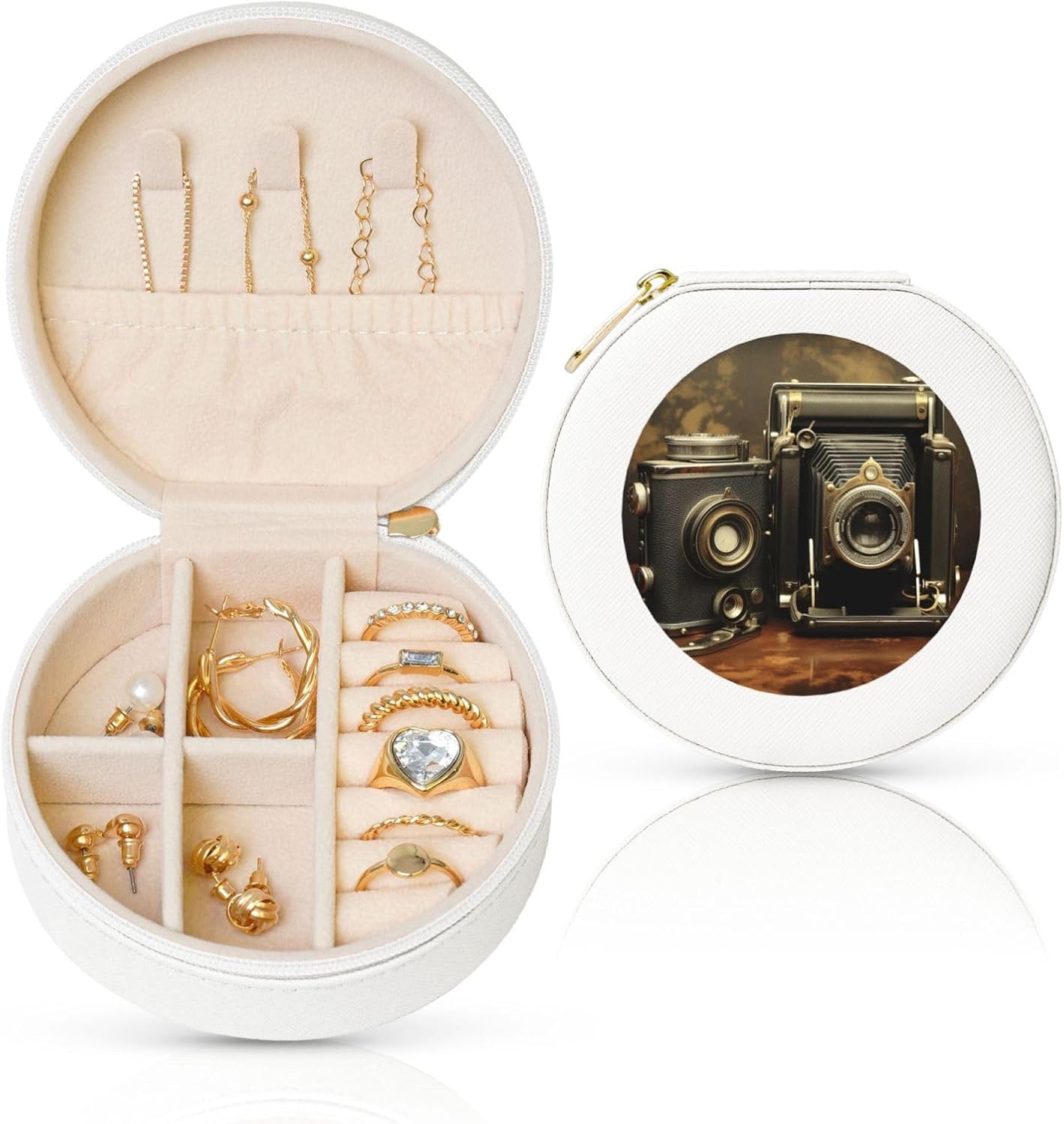 Travel Jewelry Box Leather Small Jewelry Organizer for Women,Portable Jewelry Case Old Camera Display Storage Holder Boxes Mini Travel Case for Necklace Rings