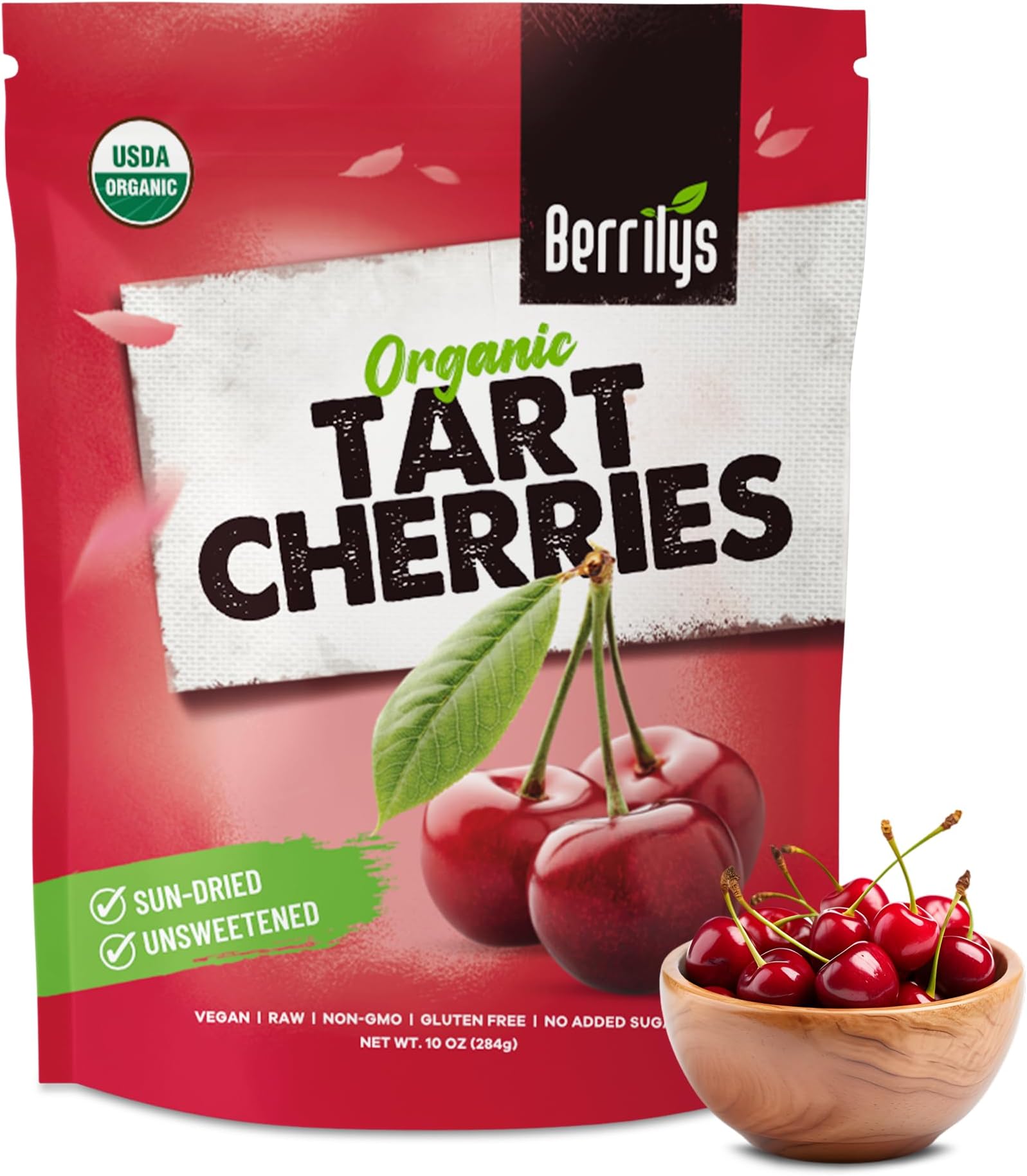 Berrilys Certified Organic Dried Cherries, 284 Gram, Pitted, Great for Baking and Snacking Non-GMO, Unsulfured, No Added Sugar, No Oil, No Preservatives. Naturally Sweet and Tart