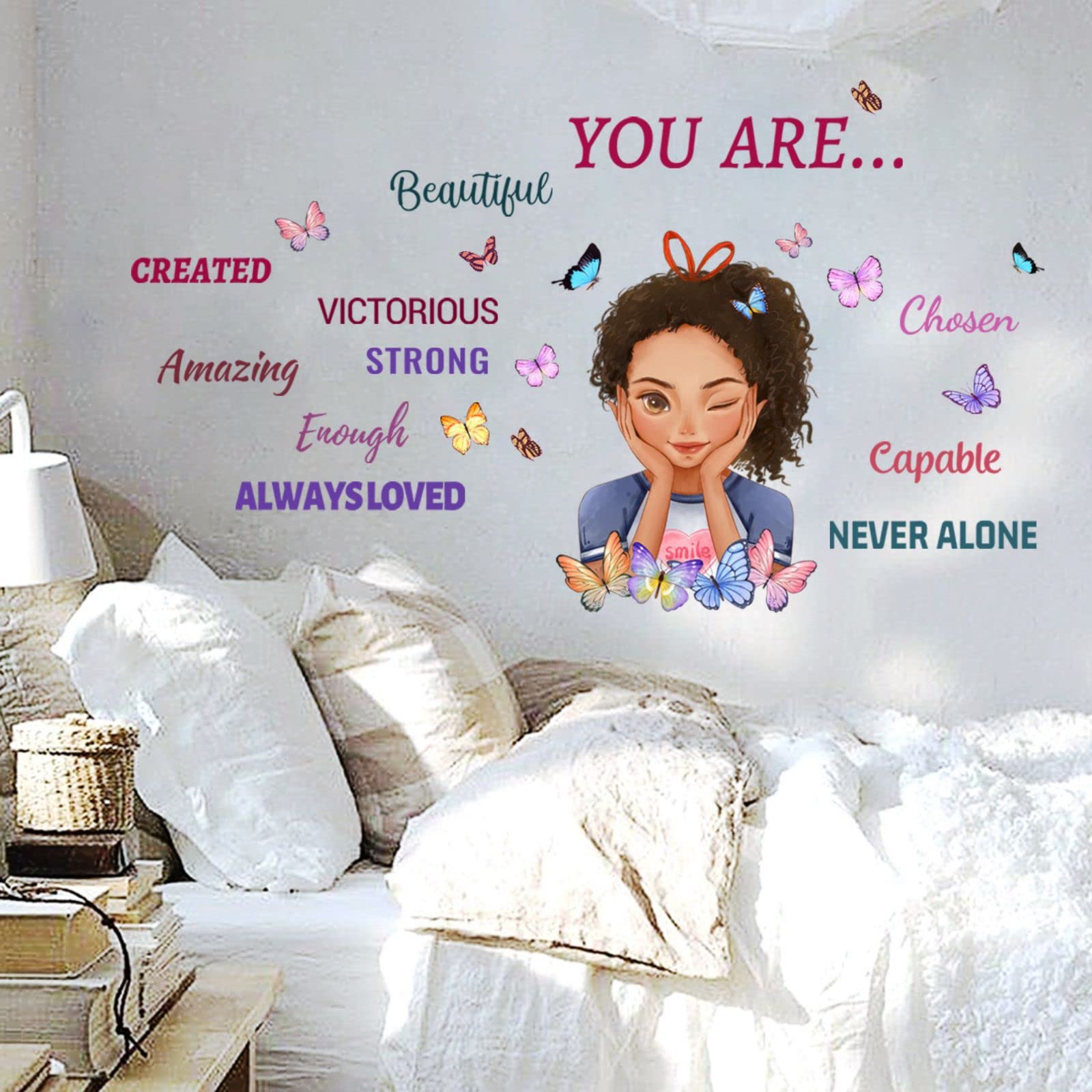 Adesivo Murale Motivazionale Con Ragazza Afro E Farfalla, Citazione In Vinile Rimovibile 30x90cm, Per Cameretta Bambini E Soggiorno
