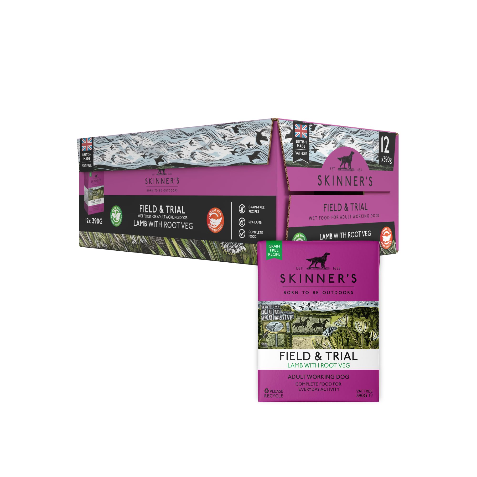 Skinners Field & Trial, Grain Free Lamb & Root Veg, Adult Wet Dog Food, Pack of 12 x 390g Cartons