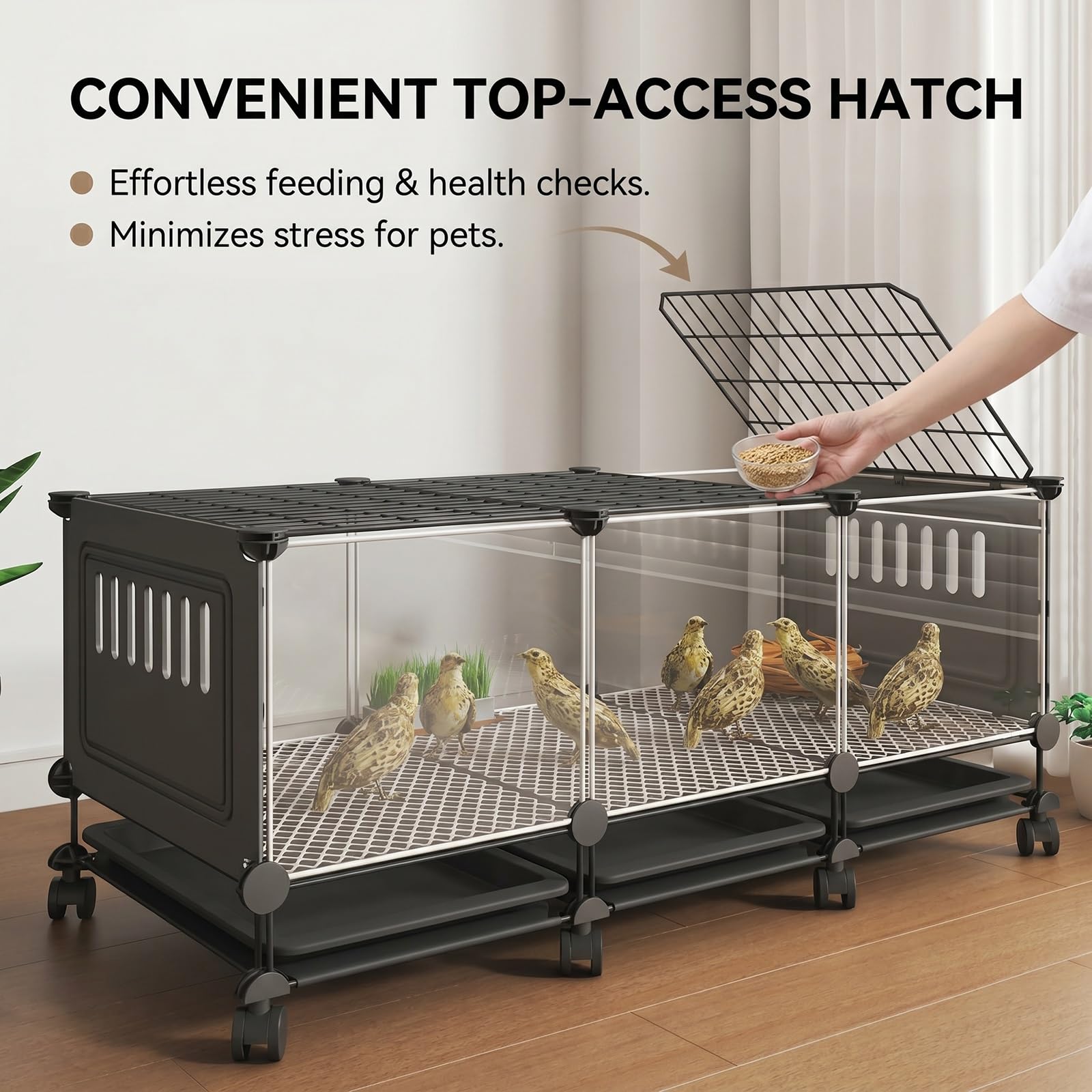 Jaula Grande para Animales pequeños, gallinero Transparente HD para Conejos y gallinas con Ruedas, Bandeja extraíble, Almohadillas Antideslizantes, Caja de cría para gallinas(Black,S)