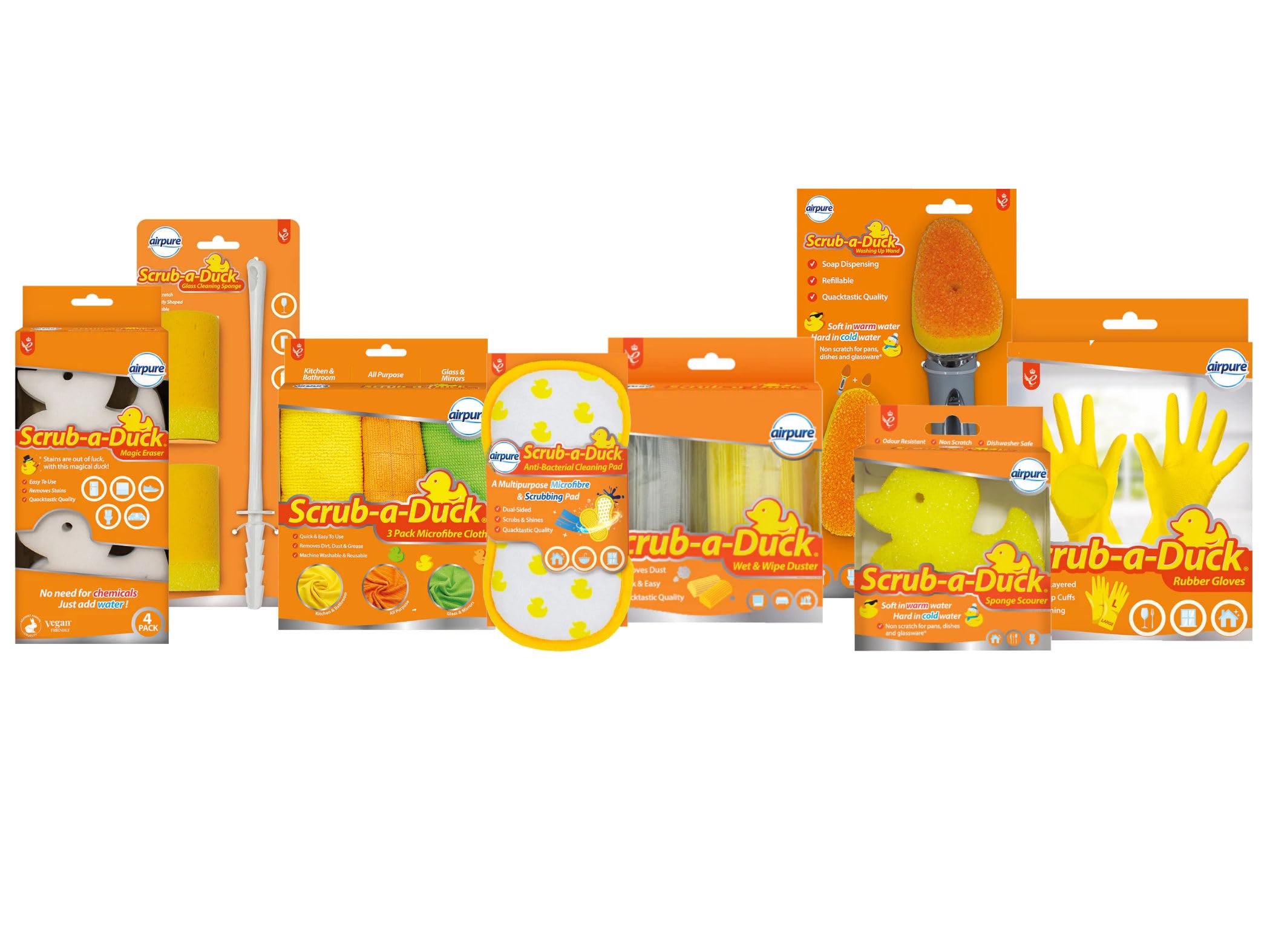 Airpure Scrub-A-Duck 8 Piece Bundle - Glass Sponge, Magic Eraser, Microfibre Cloths, Anti-Bac Pad, Wet & Wipe Duster, Washing-Up Wand, Sponge Scourer & Rubber Gloves