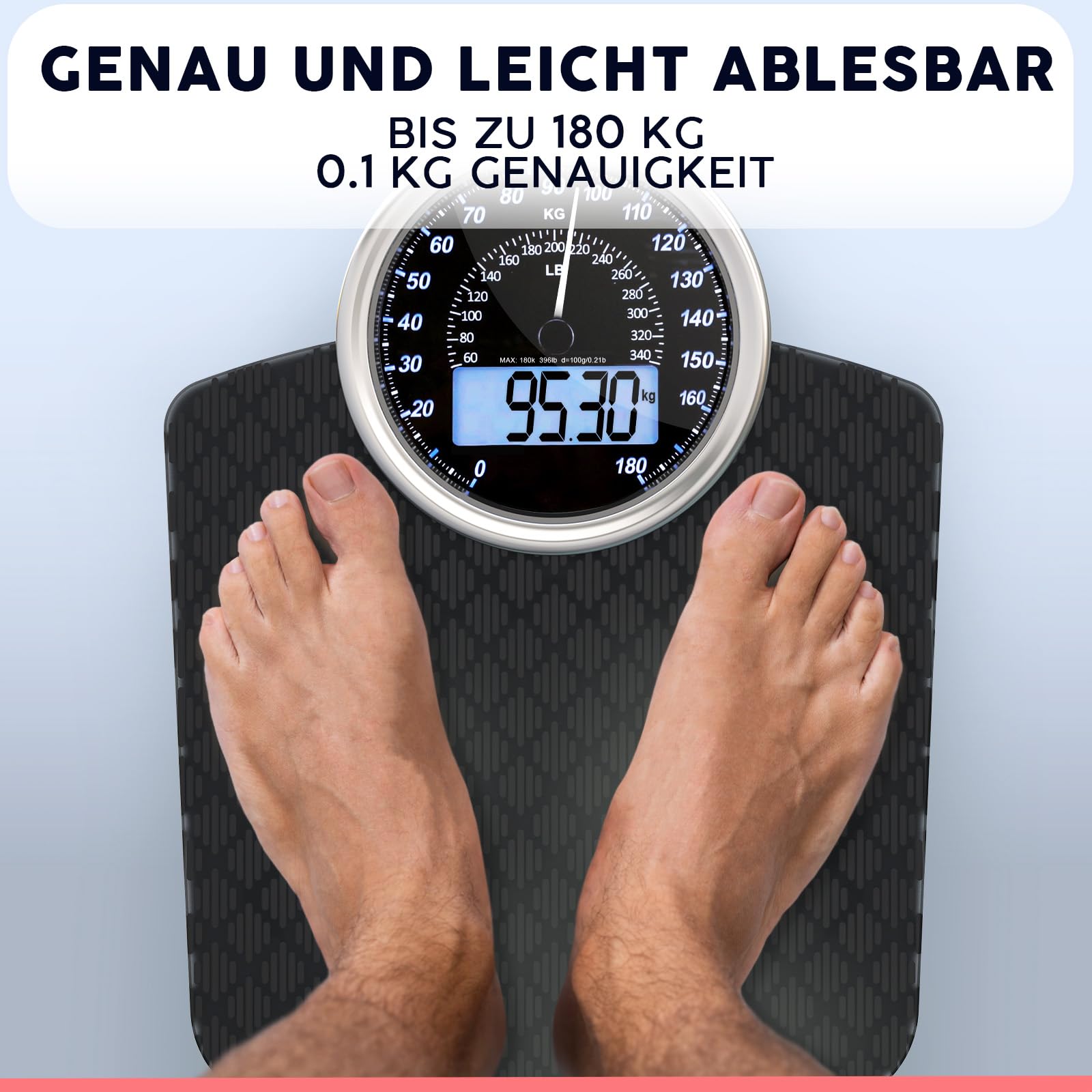 Hybrid Personenwaage - Analog & Digital, Präzise bis 180 kg | Gewicht auf Analogzifferblatt und LCD ablesen. Breite Glasplattform, 3 AAA Batterien inklusive, sofort einsatzbereit.
