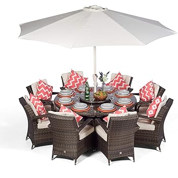 Amazon De Arizona Hochwertiges Rattan Gartenmobel Set Runde Polyrattan Garten 8er Sitzgruppe Braun Essgruppe Mit 8 Stuhlen Gartentisch Sonnenschirm Drehteller Balkon Mobel Set Lounge Set Mit Abdeckung