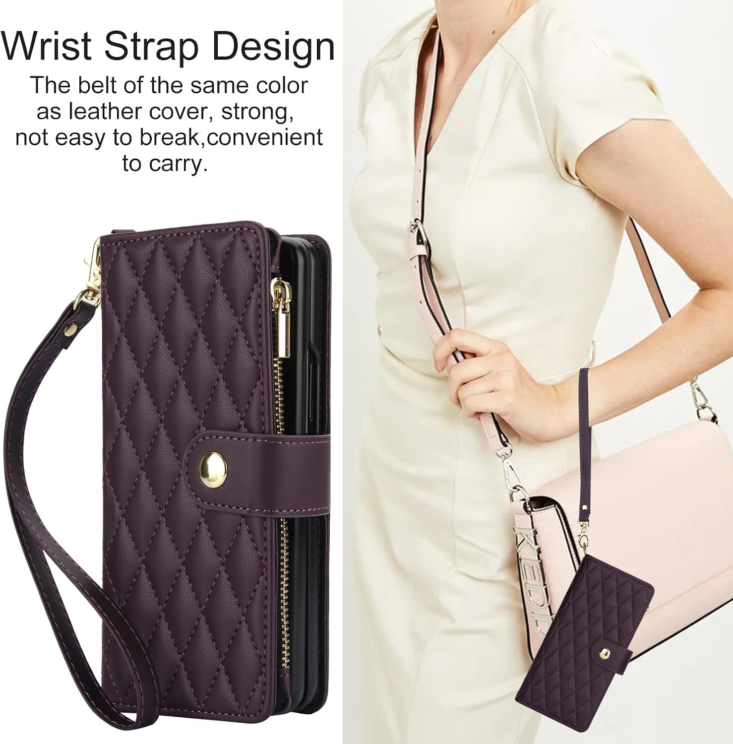 Asuwish Phone Case for Samsung Galaxy Z Fold 7 with Zipper Wallet Cover Card Holder Slot Stand Flip Wrist Strap Purse Cash Pocket Mobile Leather Cell Accessories ZFold Z7 G Fold7 7Z Women Dark Purple