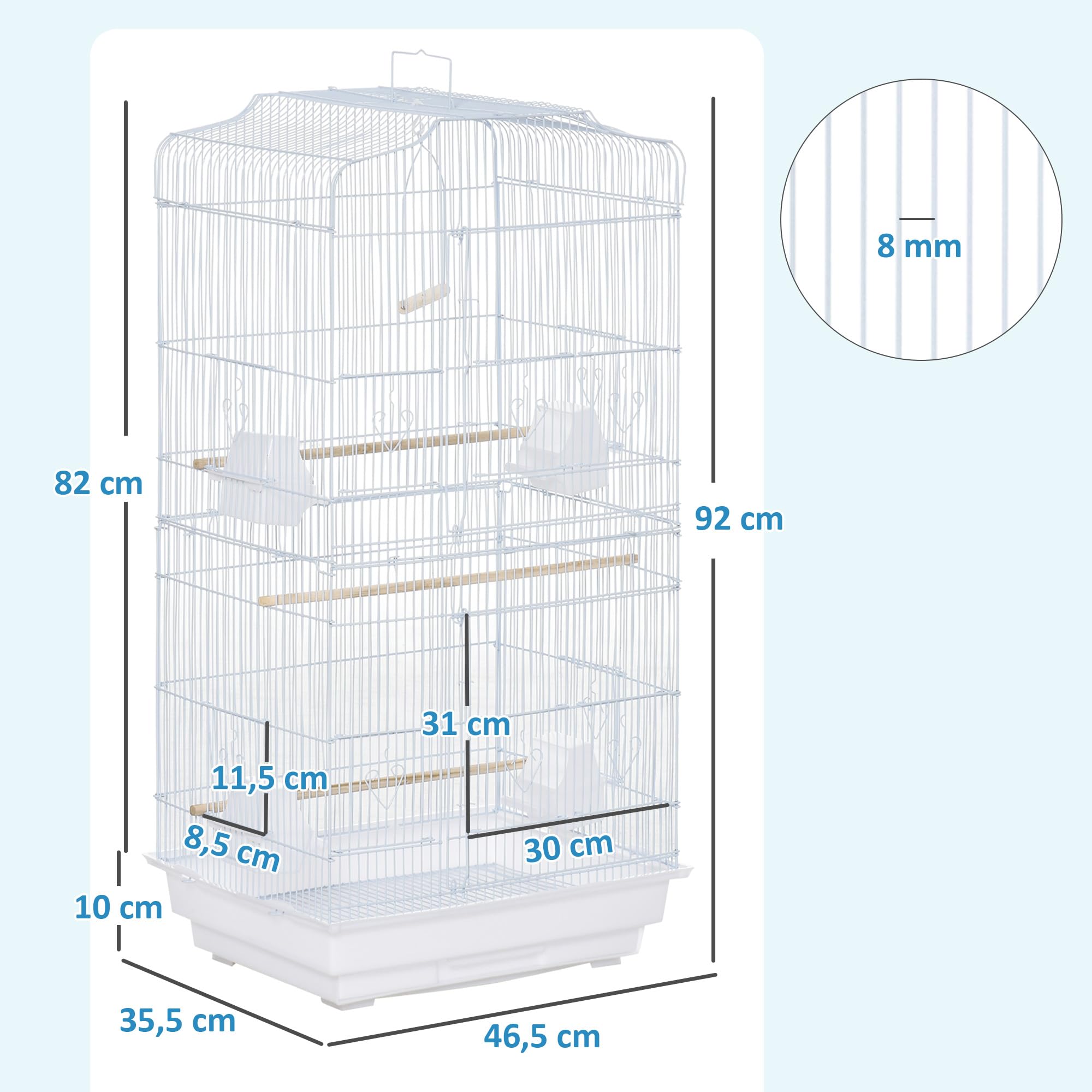 Pawhut Cage à Oiseaux Volière avec Mangeoires Perchoirs Plateau Amovible 46,5 x 35,5 x 92 cm Blanc