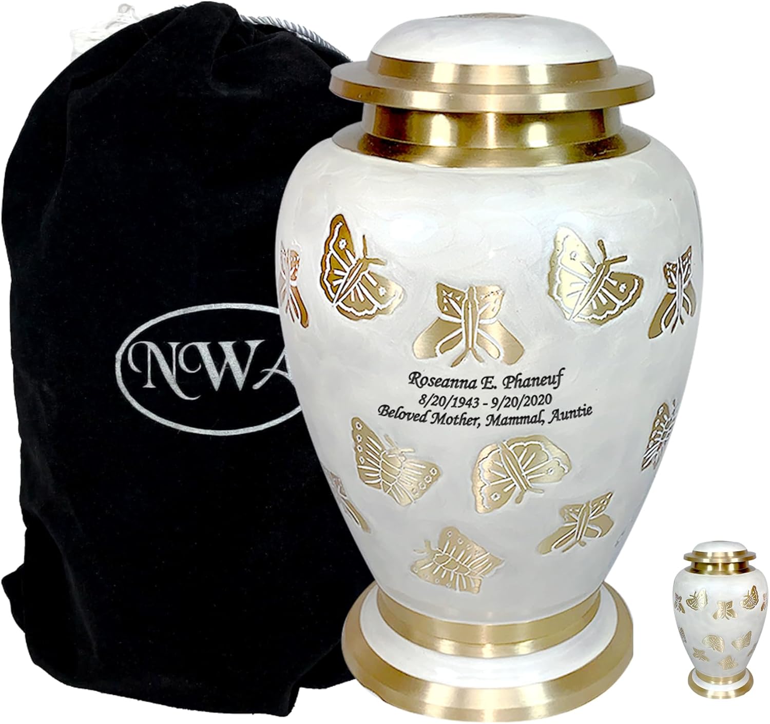 Butterfly Cremation Urn with Personalization, Pearl White and Gold Adult Human Cremation Urn with Matching Keepsake and Velvet Bags
