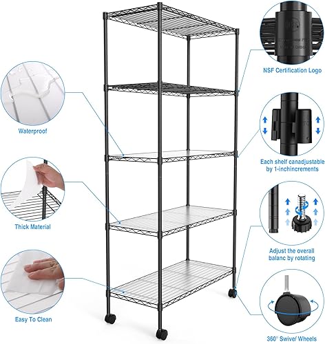 Miniatura 4 de Estantería de alambre NSF de 5 niveles, 14 x 30 x 60 pulgadas, capacidad de 750 libras, estante de metal de almacenamiento ajustable con ruedaspatas