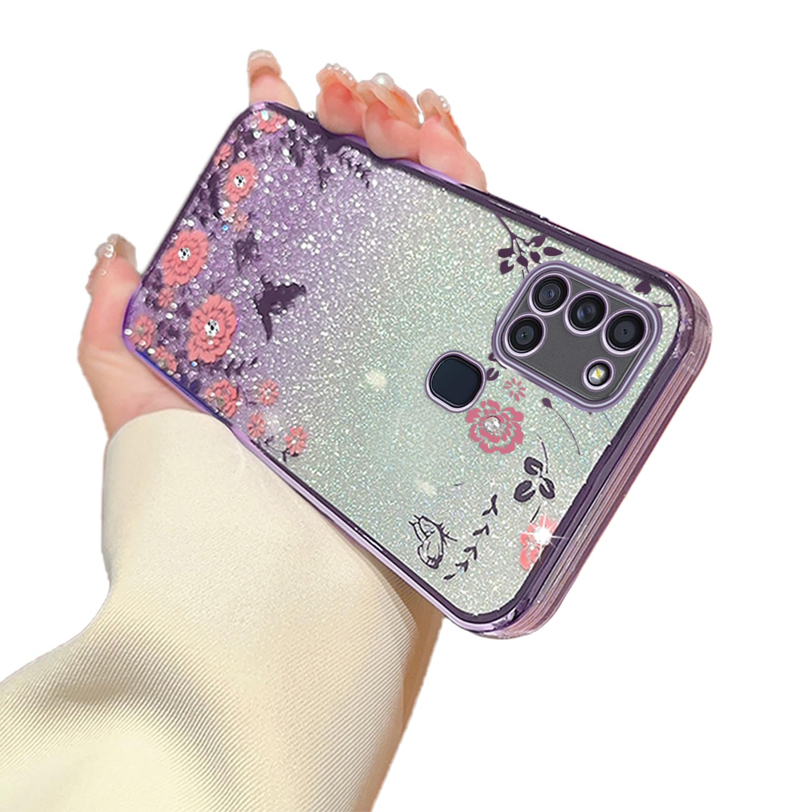 Samsung Galaxy A21s Case for Women, Gradual Change Glitter Crystal Soft TPU Stylish Butterfly Floral Heart Clear Protective Cover with Strap (Purple)