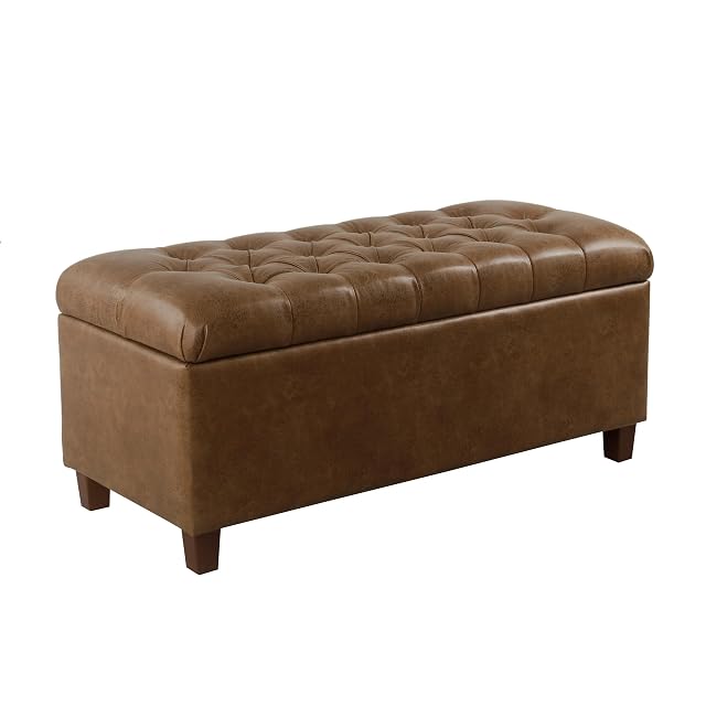Homepop Home Decor Button Tufted Storage Bench Ottoman Bench with Storage for Living Room Bedroom Distressed Brown Faux