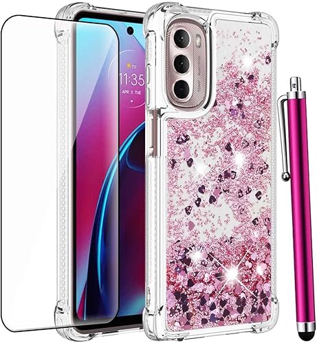 CAIYUNL Funda para Moto G Stylus 5G 2022 con protector de pantalla, para mujeres y niñas con purpurina líquida flotante linda funda de TPU suave a