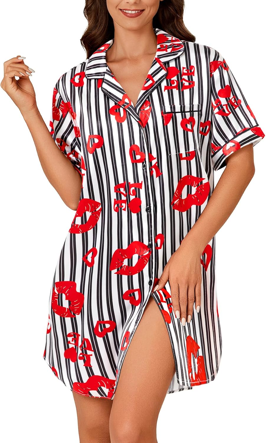 Vrtige Women's Satin Nightgown Silk Short Sleeve Nightshirt Button Down Sleepshirt Sleepwear