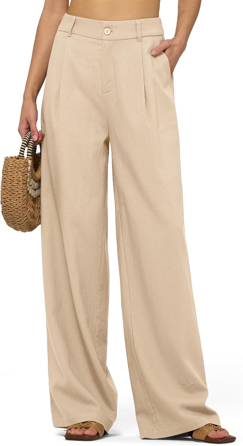 Women's Linen Pants Wide Leg Dressy Casual Beach Linen Pants Summer with Pockets 29" 31"