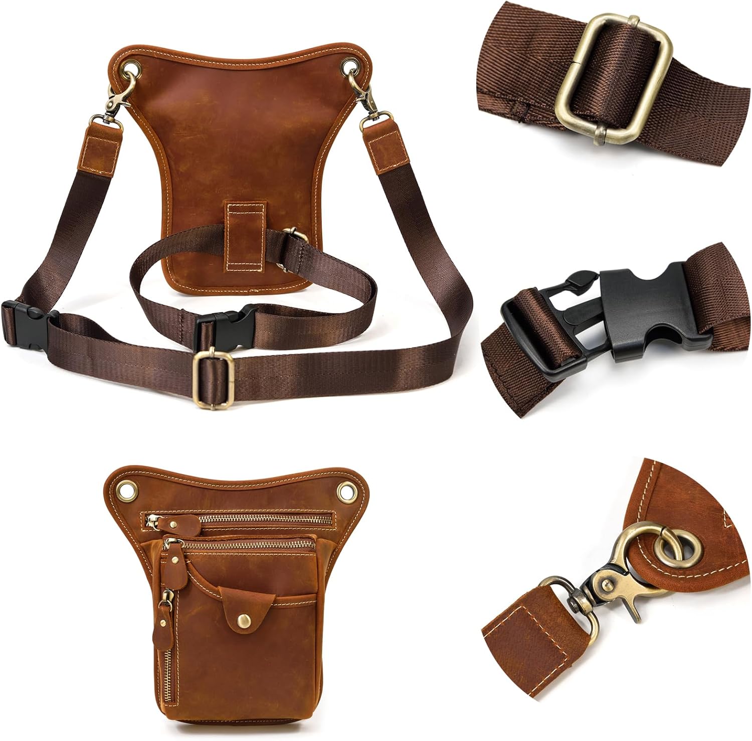 Mens Genuine Leather Outdoor Sporting Hicking Waist Hip Pack Bike Riding Cycling Multi-Purpose Messenger Shoulder Drop Leg Thigh Bag Pouches For Men, Brown