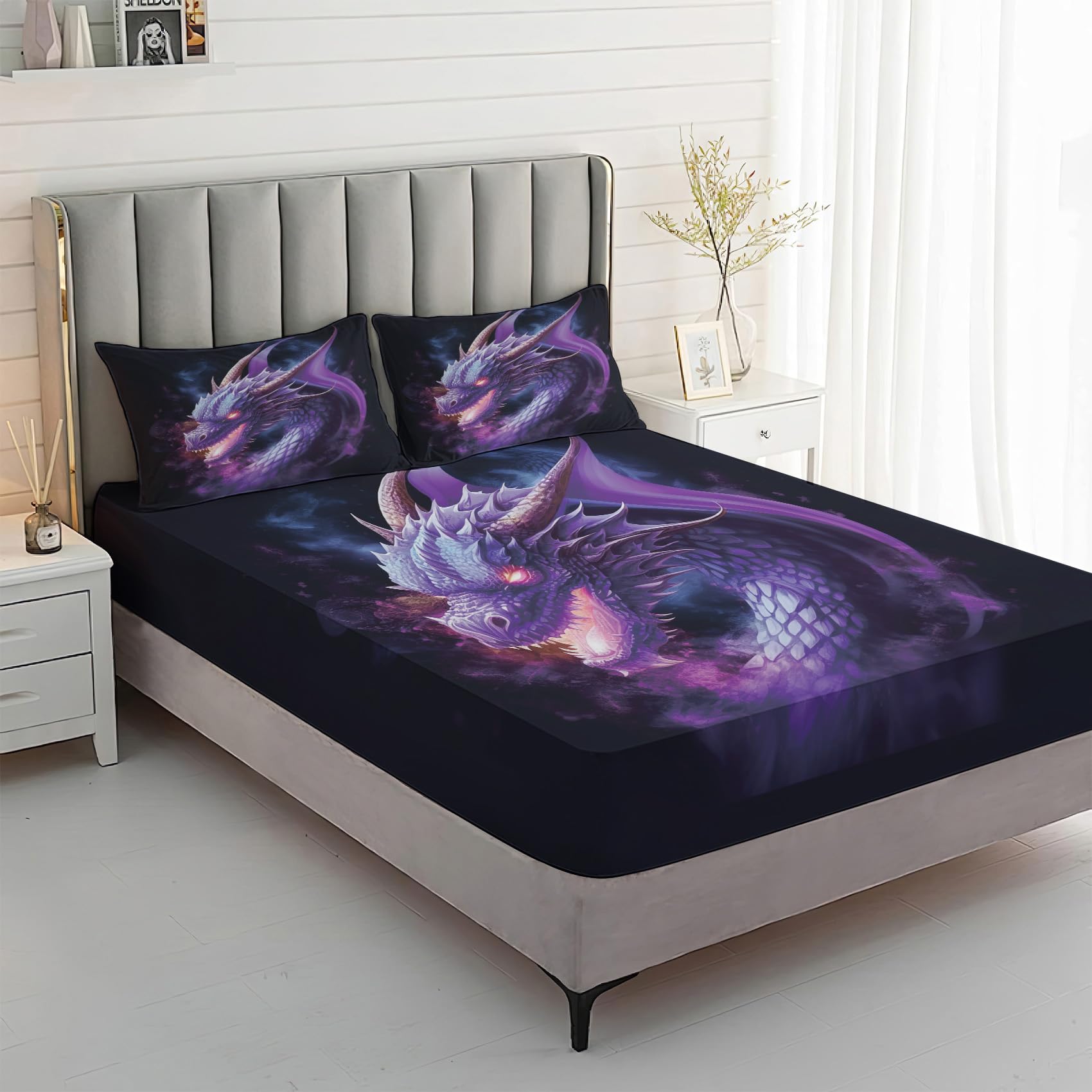 Zvynqour Dragon Bed Sheets Cal King Size - Fantasy Sheet Set - Deep Pocket Fitted Sheets & Flat Sheet & Pillowcases 4 Piece - Mythological Creatures Bedding & Decor - Soft Brushed Microfibe