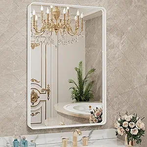 LOAAO 24x32 Inch White Metal Framed Bathroom Mirror for Wall, White Bathroom Vanity Mirror Farmhouse, Large Rounded Rectangle Mirror, Anti-Rust, Hangs Horizontally or Vertically
