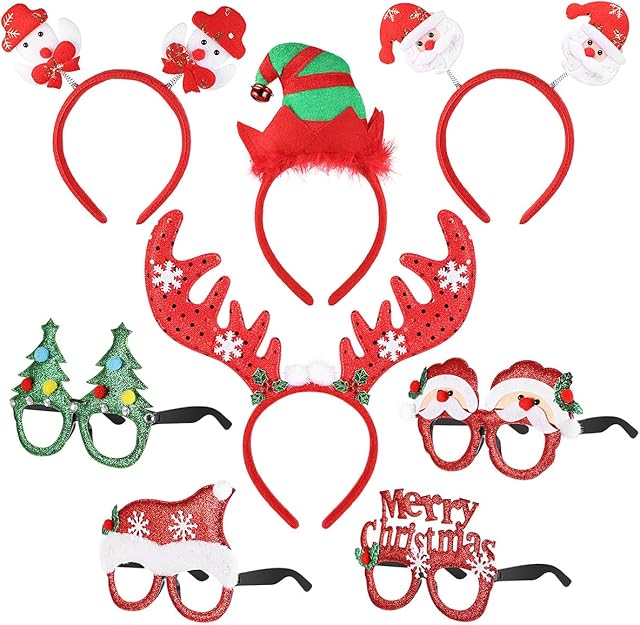 Toyvian Christmas Headbands Sunglasses Christmas Novelty Party Decoration Reindeer Hair Bands Santa Christmas Hair Accessories, for Kids Adults(8 Pack,Assorted Styles)