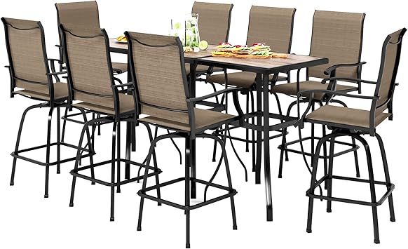 PHI VILLA Outdoor Patio Swivel Bar Set of 11, Textilene Bar Height Chair with Armrest and Wood Like Bar Table, All-Weather Furniture Set for Garden Lawn