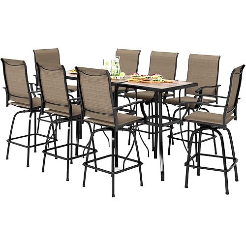 PHI VILLA Patio Swivel Bar Stool Set of 11, Textilene Bar Height Chair with Armrest and Wood Like Bar Table, All-Weather Furniture Set for Garden Lawn