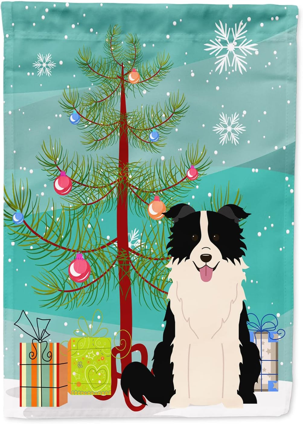 Caroline's Treasures BB4243CHF Merry Christmas Tree Border Collie Black White House Flag Large Porch Sleeve Pole Decorative Outside Yard Banner Artwork Wall Hanging, Polyester, House Size, Multicolor