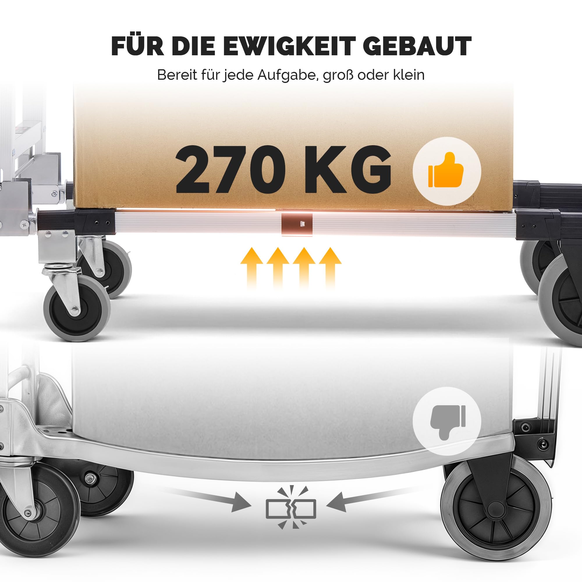 CREWORKS 2-in-1 Sackkarre Klappbar Aluminium Transportkarre Höhenverstellbar Plattformwagen mit Feststellbaren Schwenkrädern, 2 Gurten Tragkraft 270kg Handwagen Leicht Transportwagen für Transporte