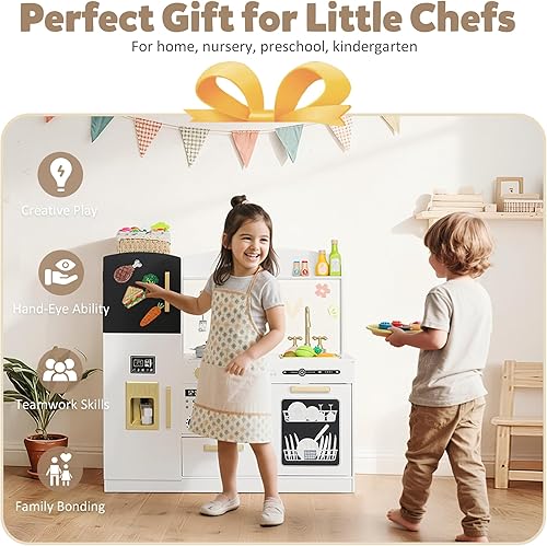 Miniatura 5 de Juego de cocina de simulación para niños, juego interactivo de madera con diseño realista, fregadero, microondas, máquina de hielo, lavavajillas,