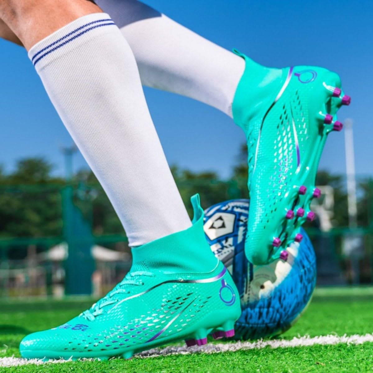 HESBITEUL Women's Soccer Cleats Outdoor: Men's Firm Ground for Indoor - Futsal Football Training Sneakers High Top Sock for Boys Girls Green