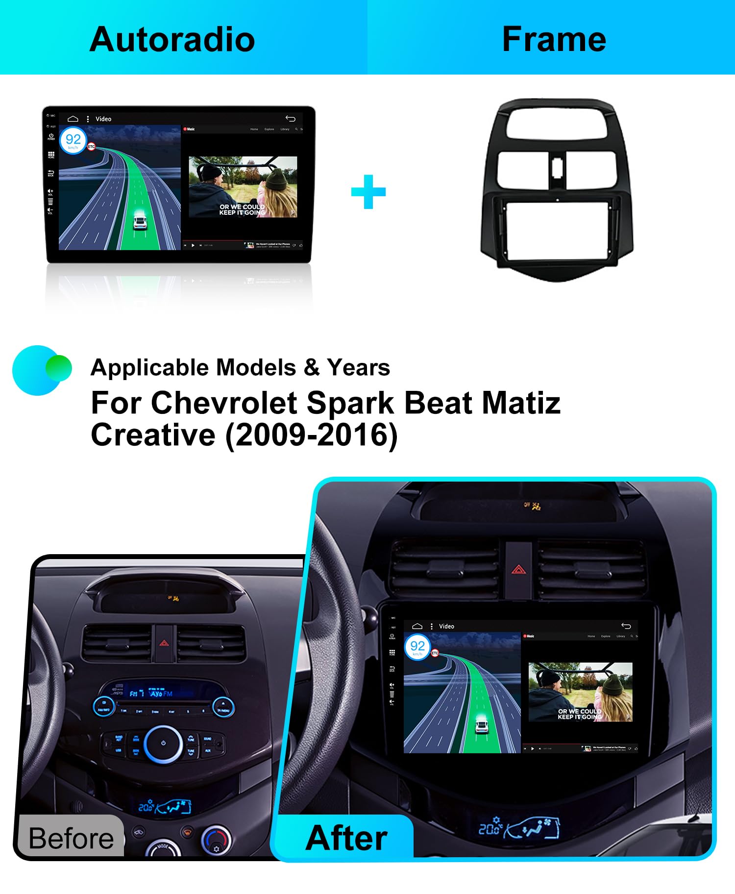 Radio samochodowe Android 14 IPS dla Chevroleta Spark M300 2009-2016 - 2G+32G - Bezprzewodowa gra Carplay + Android Auto - DARMOWA tylna kamera - 2 Din 9 Cal Dab Kierownica WLAN 4G Fast-Boot