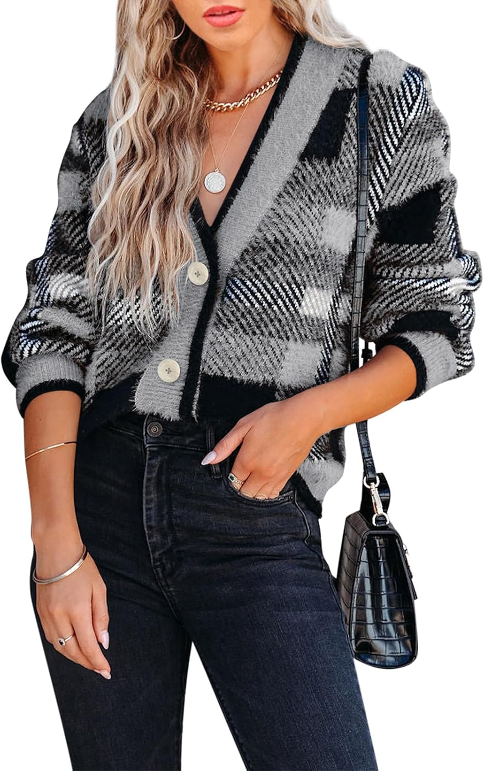 Imily Bela Womens Cardigan Sweaters Plaid Fuzzy Knit V Neck Button Down Long Sleeve Cozy Cardigans Pullover Tops