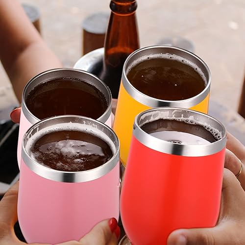 Miniatura 7 de Paquete de 12 vasos de vino de acero inoxidable sin tallo, vasos de vino de doble capa de 12 onzas con tapas y pajitas, copas de vino aisladas sin