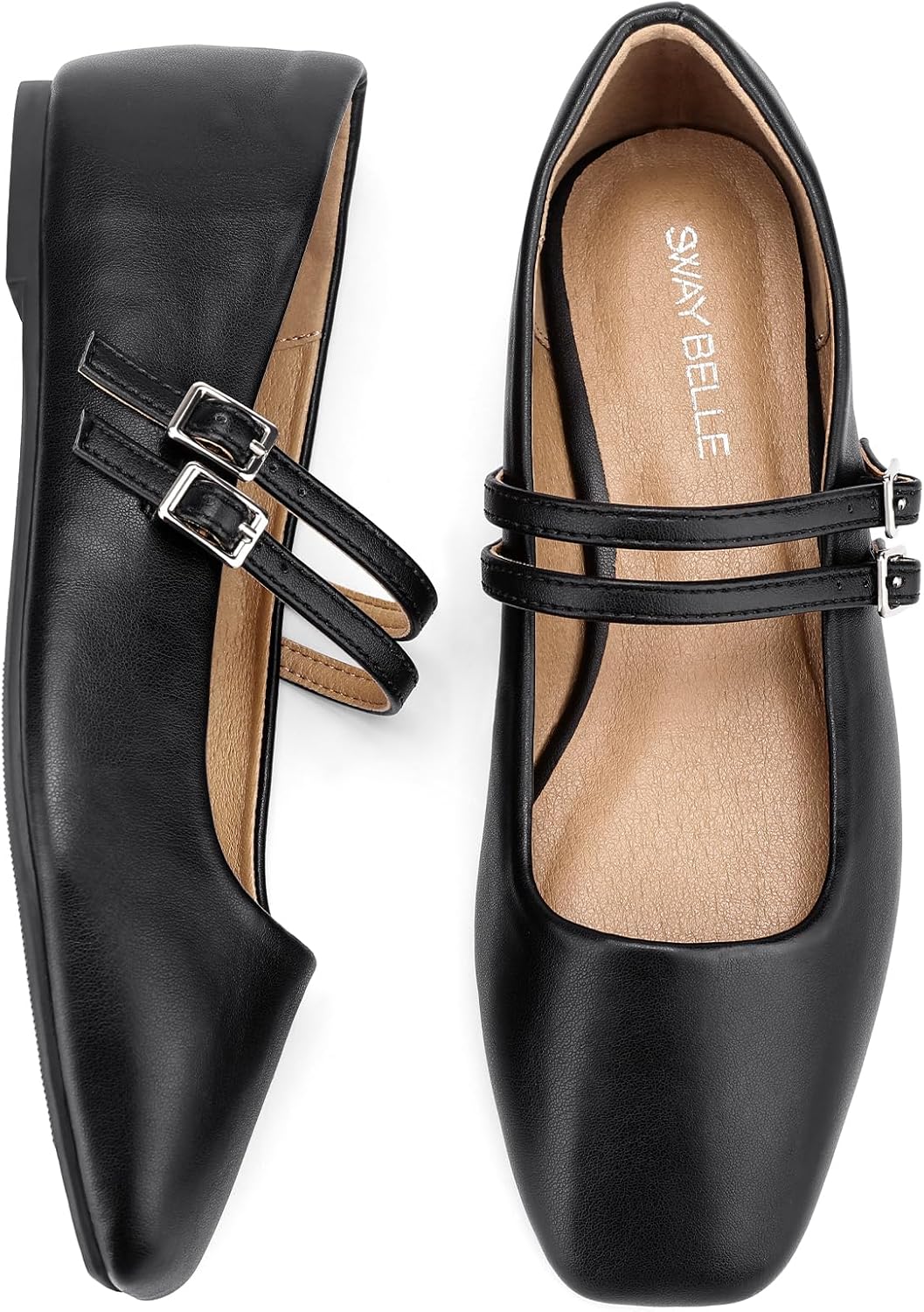 Womens Mary Jane Flats Adjustable Buckle Double Straps Ballet Flats Square Closed Toe Slip On Casual Shoe