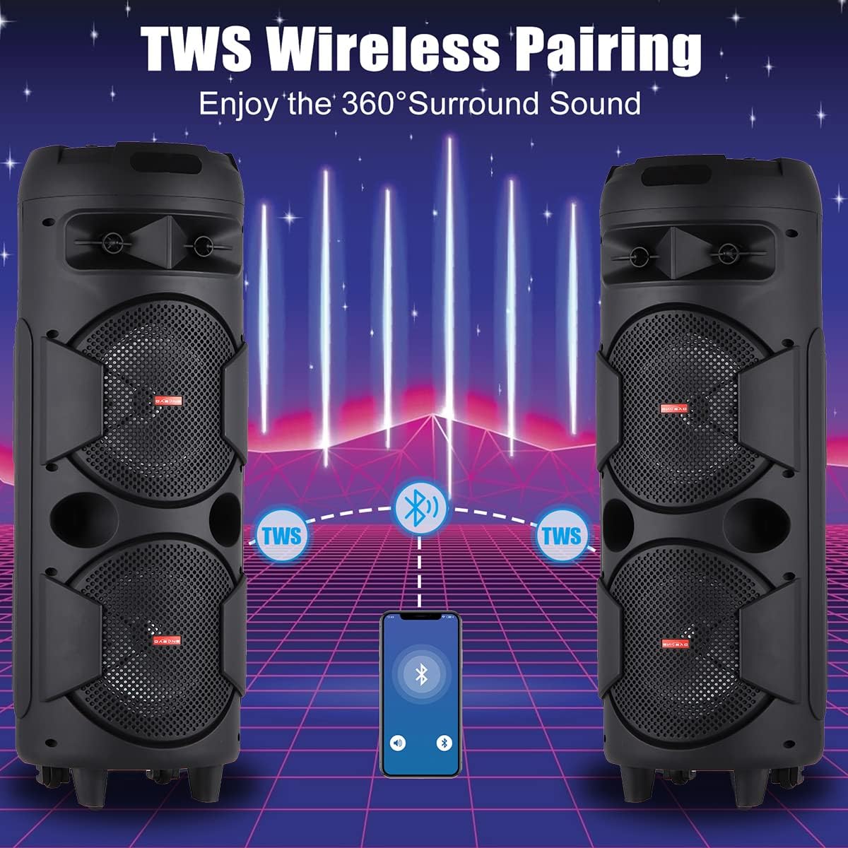 TWS PA Speaker System Karaoke Machine Set with Wired Microphone, Wireless Bluetooth Speaker with Remote for Party Events Singing, Portable Audio Equipment, Dual 8'' Speaker with DJ Lights, FM - Image 4