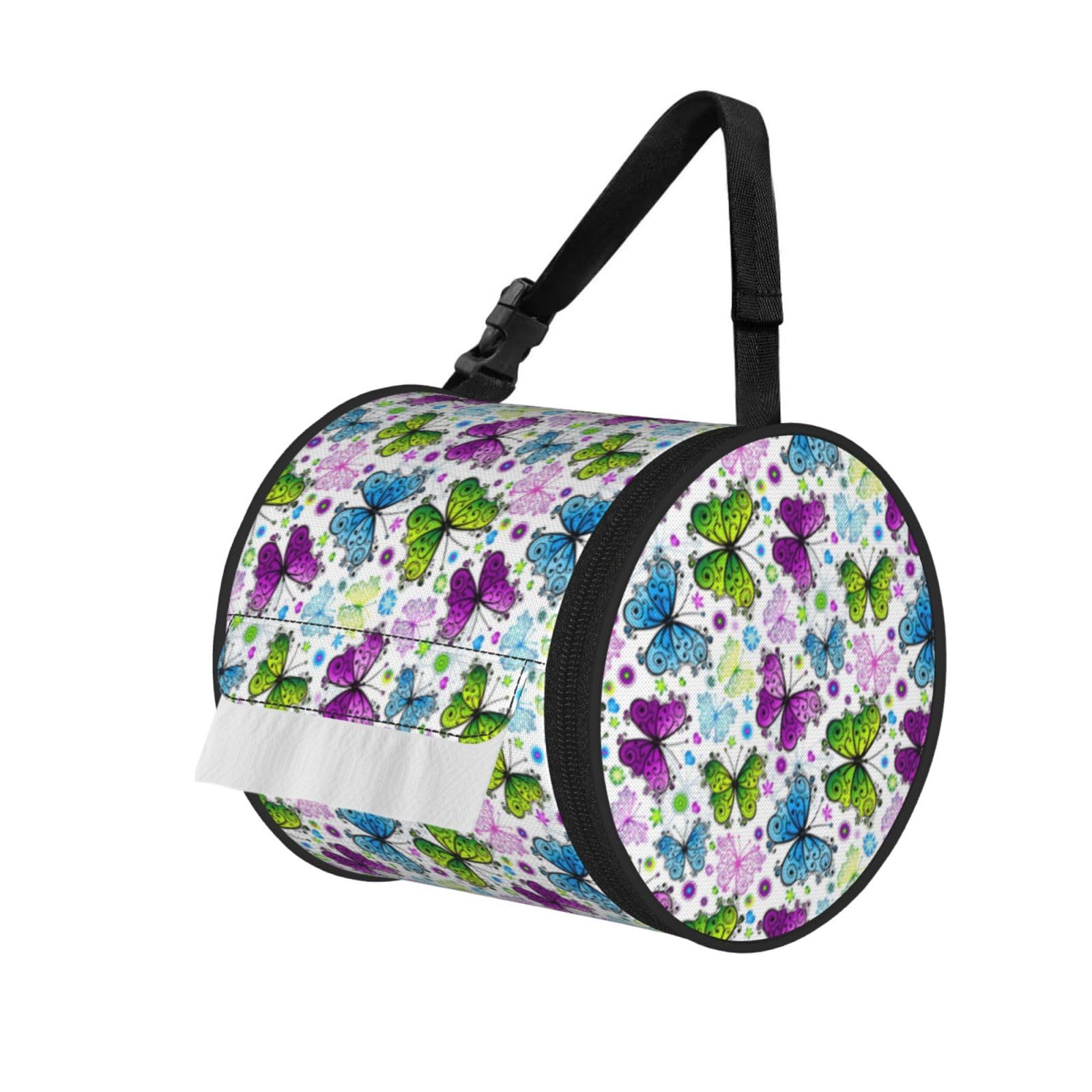 Spring Colorful Butterfly Printed Roll Paper Carrier Bag, Foldable Oxford Cloth Tissue Case for Camping Hiking Backpack