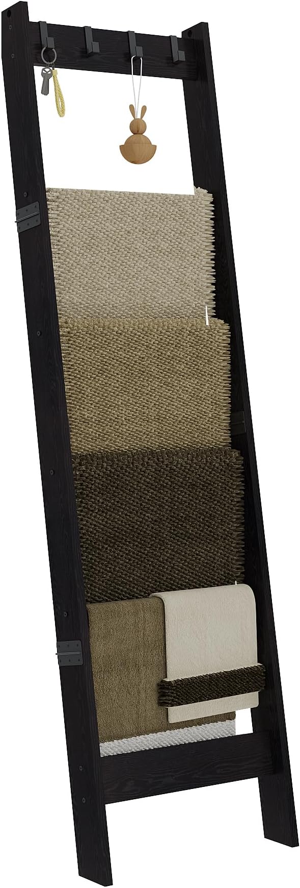 6 Tier Blanket Ladder Shelf for Living Room and Bedroom, Ladder Holder with 4 Metal Hooks, 5.2ft Blanket Quilt Holder Rack, Farmhouse Ladder Rack for Storage and Home Decor, Black